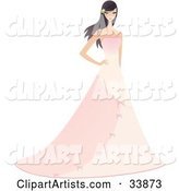 Beautiful Brunette Woman in a Long Pink Formal Gown