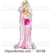 Beautiful Princess or Queen in a Pink Robe, Standing with Her Hands in a Muff