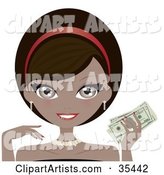 Beautiful, Wealthy African American Woman in Stunning Jewelery, Holding Cash in Her Hand