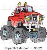 Big Red Pickup Truck with a Lift and Huge Tires, Ready for off Roading