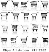 Black and White Checkout Shopping Cart Icons with Reflections