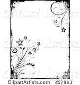 Black and White Grunge Background with a Black Border and Flowers Emerging from the Corners