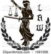 Black and White Laurel with Lady Justice and Law Text
