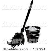 Black and White Mop Resting Against a Cleaning Bucket