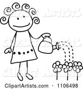 Black and White Stick Drawing of a Happy Girl Watering Flowers in Her Garden