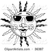 Black and White Summer Sun with Rays and Star Designs, Wearing Shades