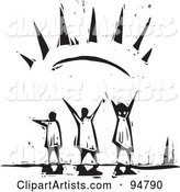 Black and White Wood Carving Styled People Embracing the Warmth of the Sun