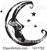 Black and White Woodcut Crescent Moon with a Face
