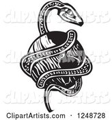 Black and White Woodcut Midgard Serpent Coiled Around Planet Earth