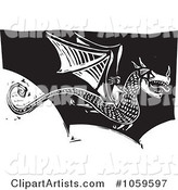 Black and White Woodcut Styled Dragon in Flight