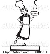 Black and White Woodcut Styled Girl Holding a Fresh Pie