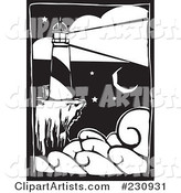 Black and White Woodcut Styled Lighthouse with a Bright Beacon