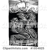 Black and White Woodcut Styled Sea Serpent Under a Ship