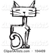Black and White Woodcut Styled Sitting Cat