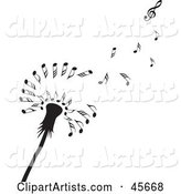 Black Dandelion Seedhead with Music Notes Floating off in the Wind