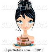 Black Haired Blue Eyed Woman Holding out a Birthday Cake with Pink Frosting and Candles