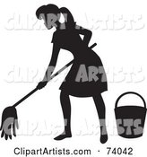 Black Silhouetted Maid Woman Mopping a Floor