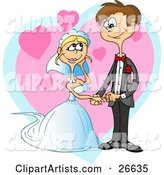 Blond Bride Admiring Her Handsome Groom at Their Wedding, Standing in Front of a Large Pink Heart