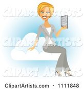 Blond Businesswoman Holding a Tablet on a Cloud