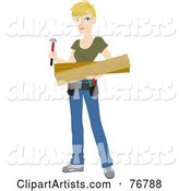 Blond Caucasian Builder Woman Carrying Lumber and a Hammer for a DIY Home Project