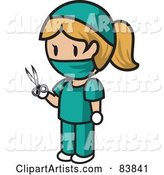 Blond Caucasian Mini Person Surgeon Woman in Scrubs, Holding Scissors