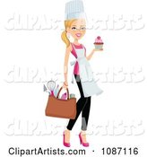 Blond Chef Woman Carrying a Cupcake