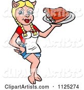 Blond Pig Waitress Serving Bbq Ribs