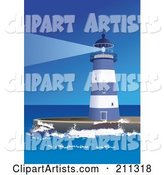Blue and White Lighthouse Shining a Beacon out at Sea