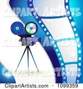Blue Movie Camera and Film Strip Background