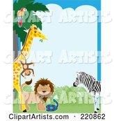 Border of a Parrot in a Tree, Monkey on a Giraffe, Lion, Snake and Zebra