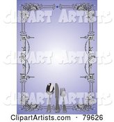 Border of Silverware and Carvings Around a Blank Purple Menu Background