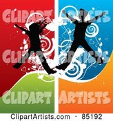Boy and Girl Silhouettes Jumping over a Grungy Colorful Background