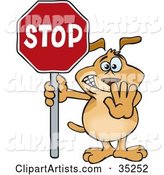 Brown Dog Halting with His Hand and a Stop Sign