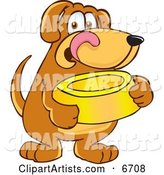 Brown Dog Mascot Cartoon Character Holding a Food Dish, Waiting to Be Fed