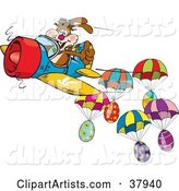Brown Pilot Bunny Flying an Airplane near Parachuting Easter Eggs