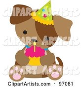 Brown Puppy Dog Wearing a Birthday Party Hat and Holding a Cupcake