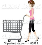 Brunette Caucasian Woman Pushing an Empty Shopping Cart in a Store