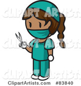 Brunette Hispanic Mini Person Surgeon Woman in Scrubs, Holding Scissors