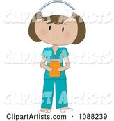 Brunette Nurse in Scrubs Holding a Clipboard