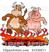 Bull and Pig Running over Hot Bbq Coals
