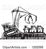 Bulldozer and Crane over Foreclosed Houses Black and White Woodcut