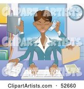 Busy Multi Tasking African American Assistant Secretary Woman Typing, Filing, Organizing and Taking Phone Calls