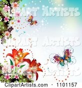 Butterflies with Sparkles Lilies and Blossoms on Blue