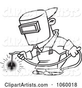 Cartoon Black and White Outline Design of a Welder at Work