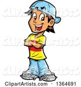 Cartoon Happy Casual Brunette White Teenage Guy Standing with Folded Arms