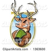 Cartoon Male Stag Deer Holding out Big Bucks and Emerging from an Oval Frame