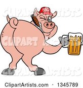 Cartoon Rear View of a Grinning Pig Looking Back, Smoking a Cigar, Wearing a Bbq Hat, Holding a Beer