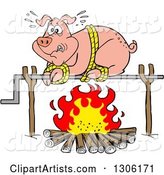 Cartoon Scared Pig on a Spit over a Fire
