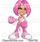 Cartoon Tough Caucasian Woman Decked out in Pink, Wearing Boxing Gloves and Fighting Breast Cancer