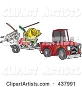 Cartoon Truck Pulling a Trailer with Landscape and Concrete Equipment